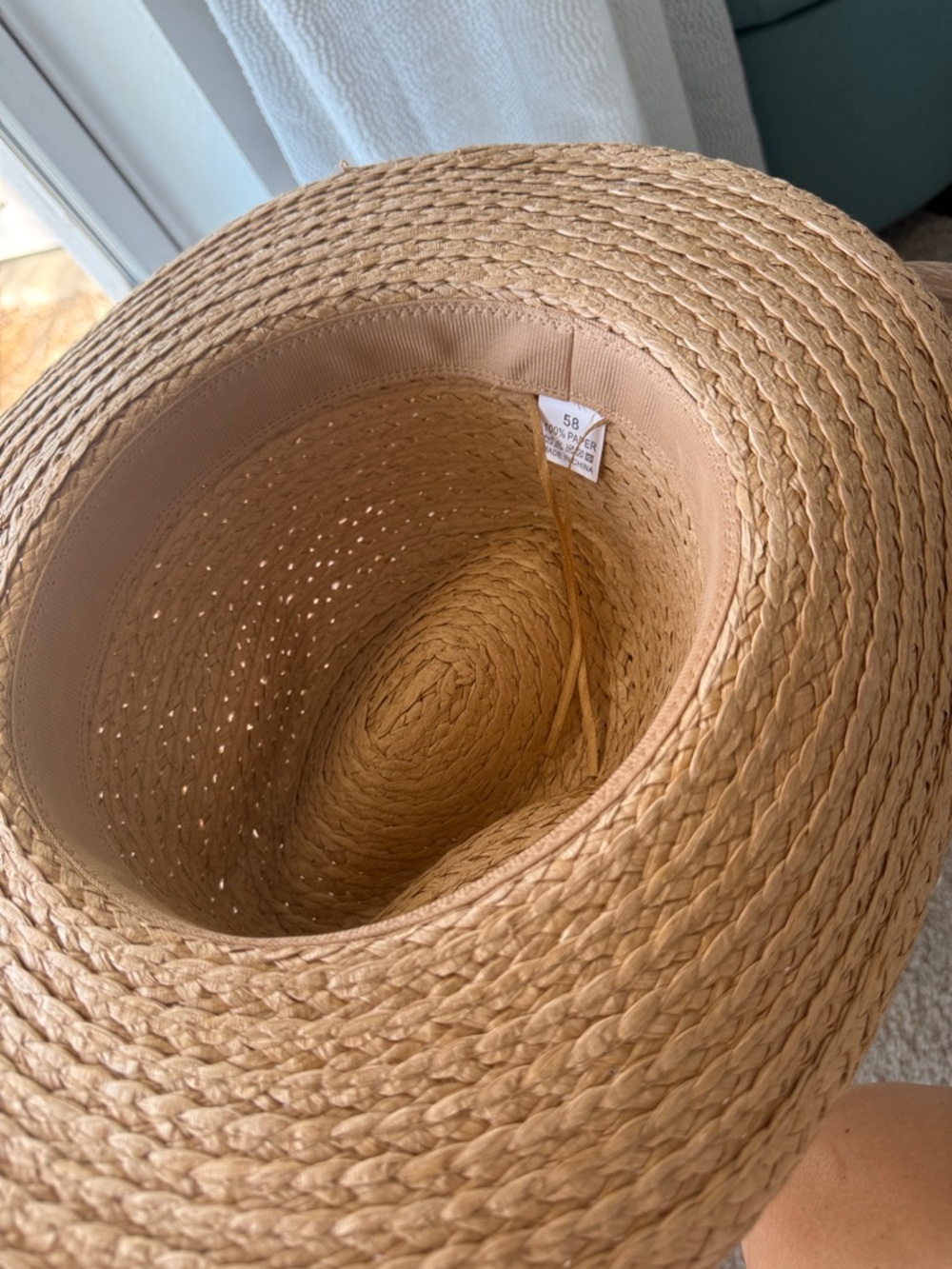Straw Wide-Brim Beach Hat with Pearl Trim - Picture 6 of 9